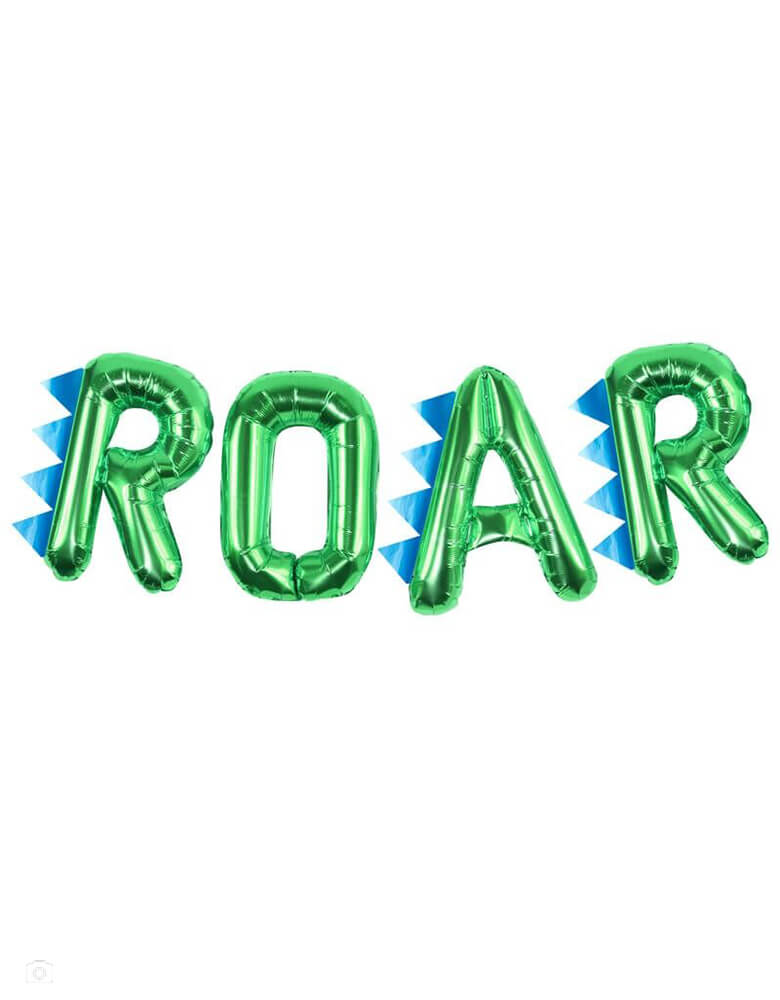 Ginger Ray - dinosaur party roar balloon bunting. This dinosaur Roar Party Balloon Set contains four 16" green foil letter balloons of "R""O""A""R", and 3 dinosaur spikes and twine to hang. This Roar balloon set will be a hit at your party. The ultimate finishing touch to your dinosaur party. A fun balloon that will be loved by all! The balloons can be attached to walls and also included dinosaur spikes to attach! 