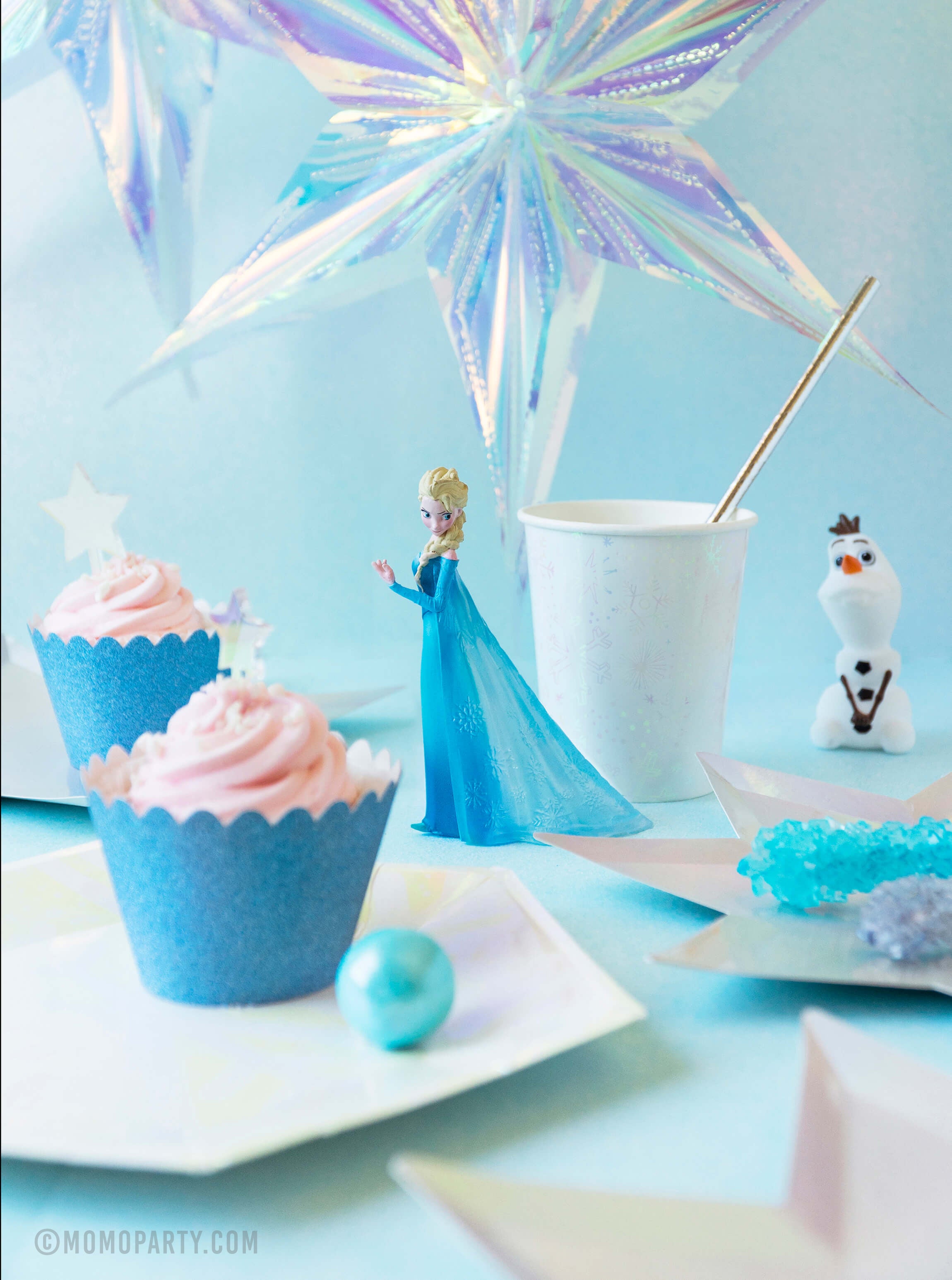 Frozen Elsa princess stand as centerpiece with glitter ice blue cupcakes,Shining Star Large Plates, Iridescent Star Decorations  for Frozen birthday Party