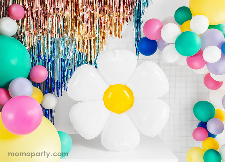 Birthday Party Decoration with Party Deco Daisy Foil Mylar Balloon, colorful latex balloons and gold, blue fringe. Party inspiration for a spring or tea party themed celebration, girls birthday Party