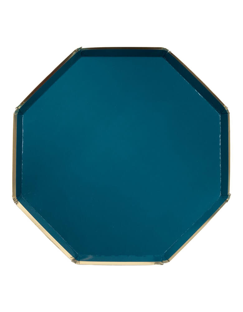 Dark Teal Dinner Plates by Meri Meri. These large stylish plates, in a gorgeous dark teal color with a shiny gold foil border, give guests plenty of room for satisfying servings. Made from high-quality card with a superb gloss finish.