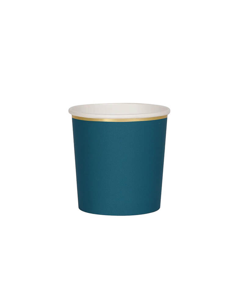 Dark Teal Tumbler Cups by Meri Meri. These practical yet stylish dark-teal tumbler cups, with a shiny gold foil border, are perfect to serve party drinks to glamorous guests. Made from high-quality card with a superb gloss finish, suitable for hot or cold drinks.