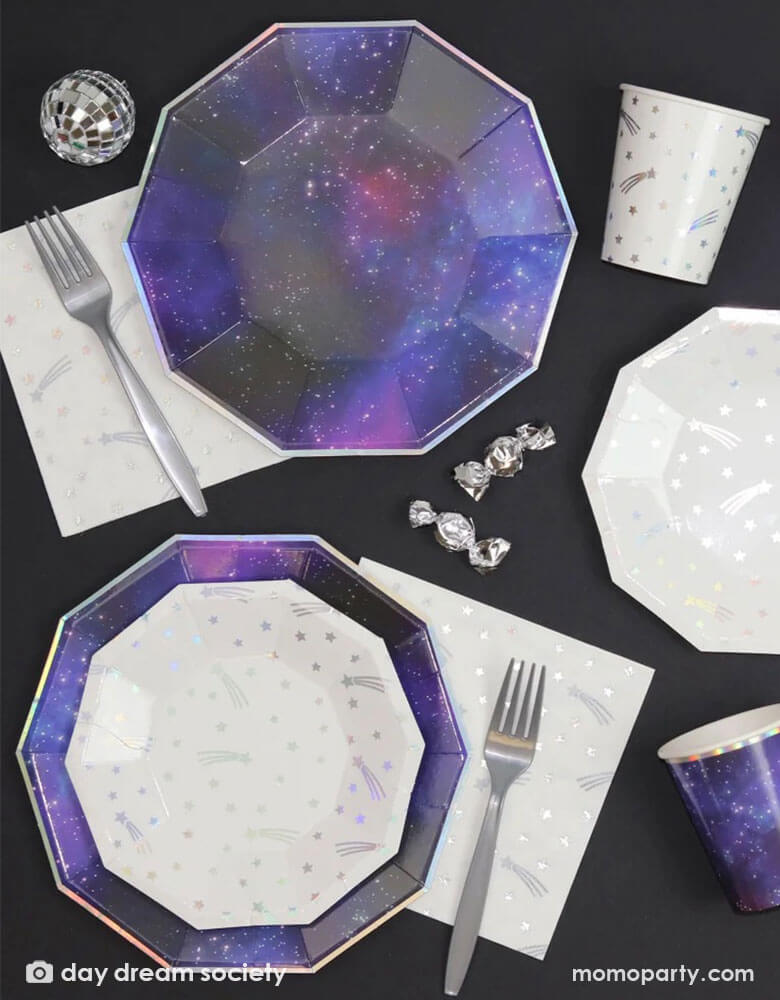 Daydream Society 9" Galactic Large Plates pairing with over the world silver foil shooting star plates, cups and napkins great for a space birthday party or a Star Wars themed party
