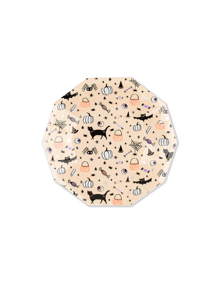 Daydream Society Hocus Pocus Small Plate featuring Halloween characters including pumpkins, black cats, witch hats, bats, spiderwebs and trick or treat elements