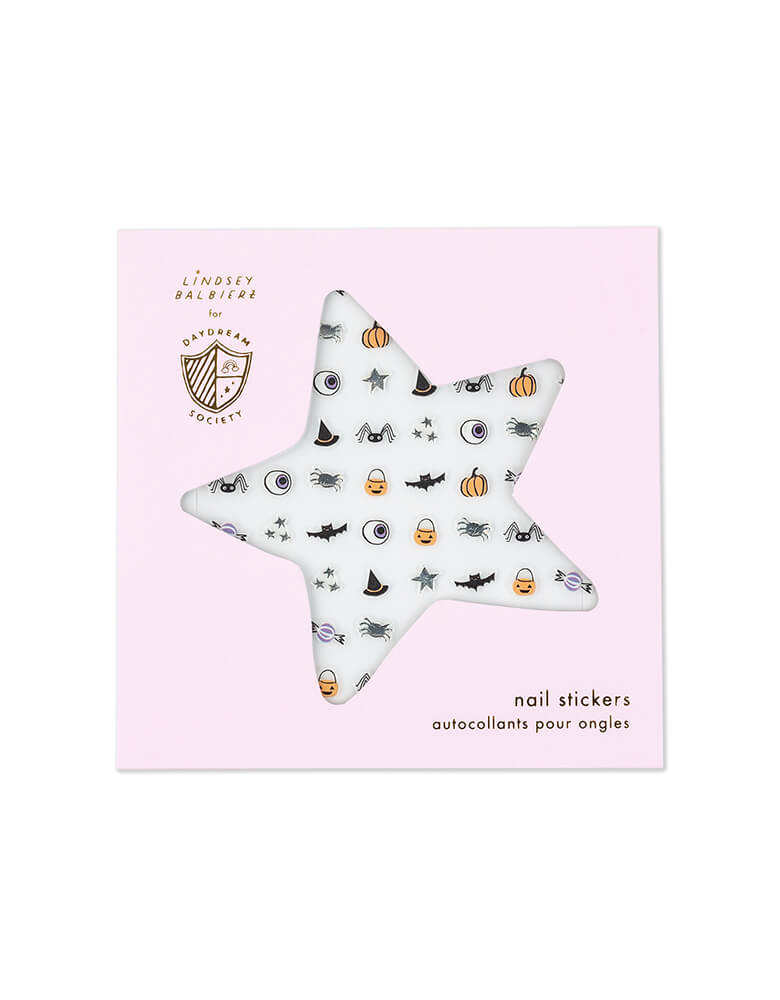 Jollity & Co Party Boutique - Daydream society collection - Hocus Pocus Nail Stickers. This Safe and non-toxic nail stickers, included pack of 1 sheet of 100 sticker, Illustrated by Lindsey Balbierz. featuring silver foil elements, these Halloween nail stickers have put a spell on our fingers. They are also make the perfect non-candy treat!  