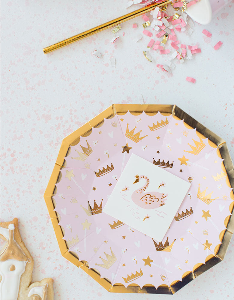 Daydream Society Sweet Princess Collection Tableware with temporary tattoos in swan design for girl's princess themed party