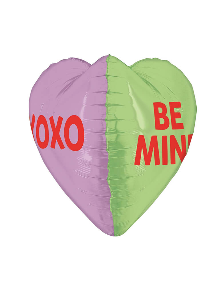Momo Party's 17" 3D Dimensional Conversation Hearts Foil Balloon by Betallic Balloons, featuring 3 faces of messages, including "Be Mine," "XOXO," and "Love You" it makes a great balloon decoration for your Valentine's Day celebration.