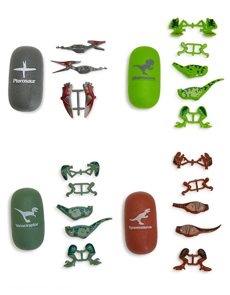 Dino Hatch Egg by Two's Company. Assorted 4 dinosaurs: t-rex, velociraptor, dilophosaurus, pterodactyl These super cool dinos each come in their own colored egg with instructions on how to build each one. Once your dino is built, have some imaginary fun or display on your shelf for show.