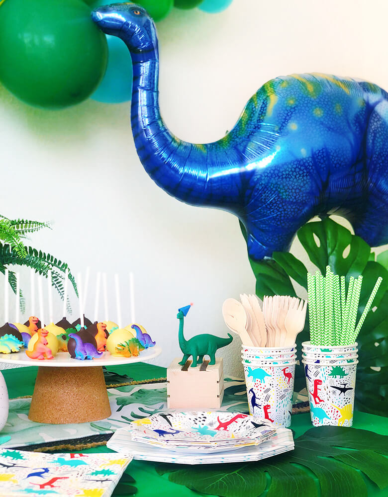 Modern Dinosaur party with Giant Blue Apatosaurus Mylar Balloon