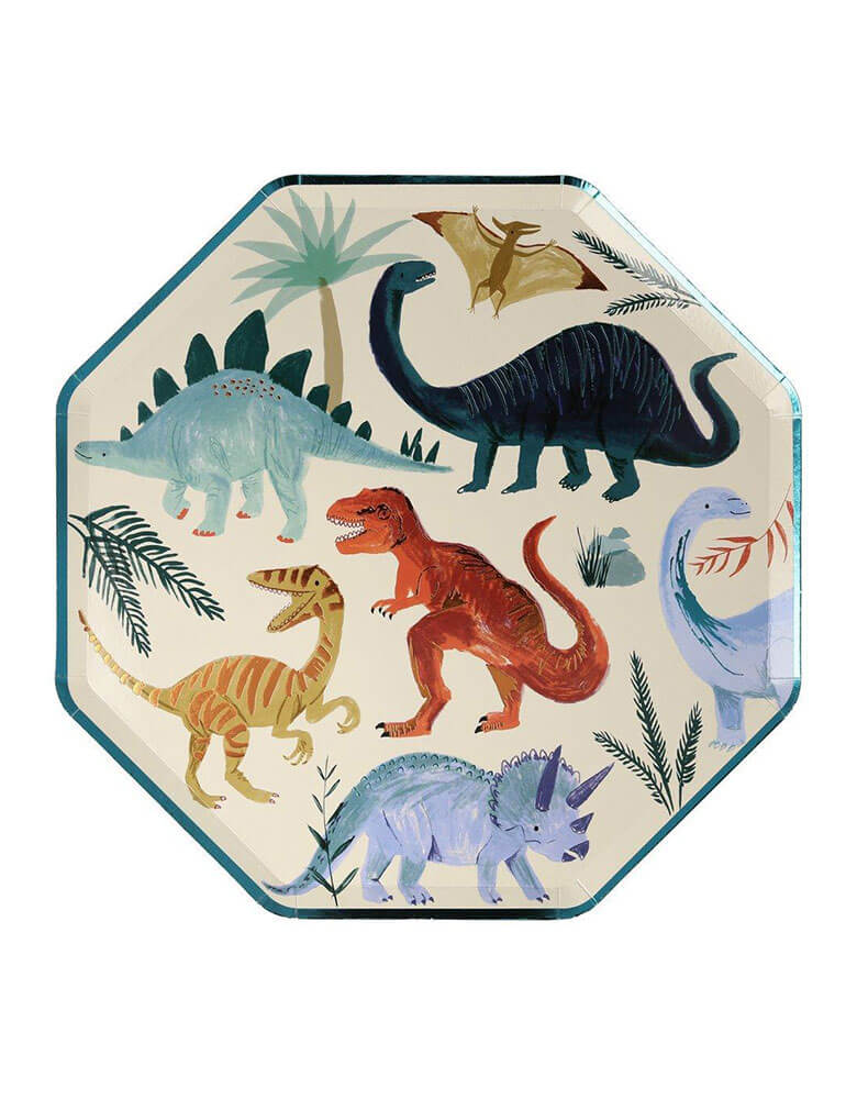 Meri Meri Dinosaur Kingdom Dinner Paper Plates featuring beautifully illustrated dinosaur designs, 10.25 x 10.25 inches, perfect eco-friendly tableware for kids dinosaur birthday party