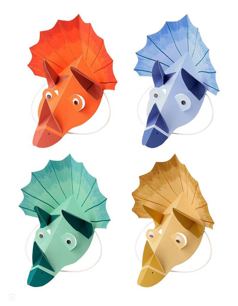 Meri Meri - 205480 Dinosaur Kingdom Party Hats. These Dinosaur Kingdom Party Hats  in 4 colors featuring googly eyes with white elastic. they are truly roar-some!  Make a dinosaur party extra special with these amazing Triceratops hats. 