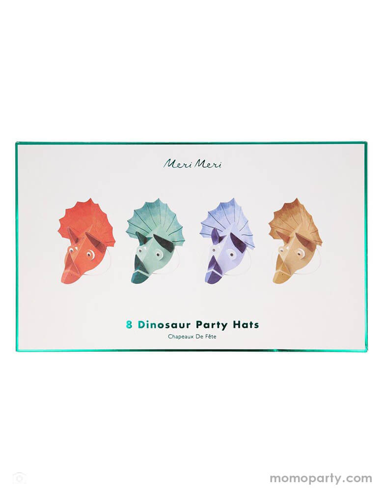 Meri Meri - 205480 Dinosaur Kingdom Party Hats in a eco-friendly paper box. These Dinosaur Kingdom Party Hats in 4 colors featuring googly eyes with white elastic. they are truly roar-some! Make a dinosaur party extra special with these amazing Triceratops hats.