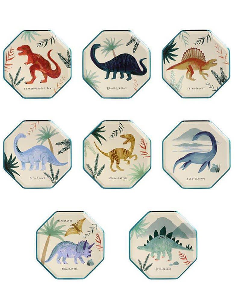 Meri Meri Dinosaur Kingdom Side Plates featuring 8 different designs of famous dinosaurs, prefect eco-friednly tableware for modern dinosaur party celebration 