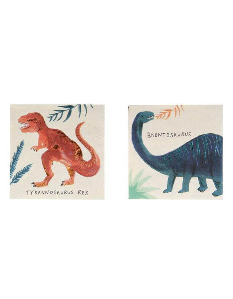 Meri Meri Dinosaur Kingdom 5" Small Napkins features a beautiful illustrations of a famous dinosaur, Pack of 16 in 8 designs, prefect for modern dinosaur party celebreation