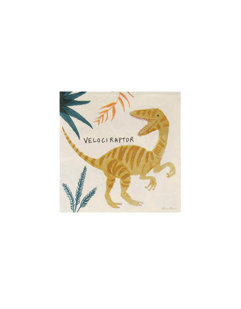 Meri Meri Dinosaur Kingdom Small Napkin with Velociraptor design