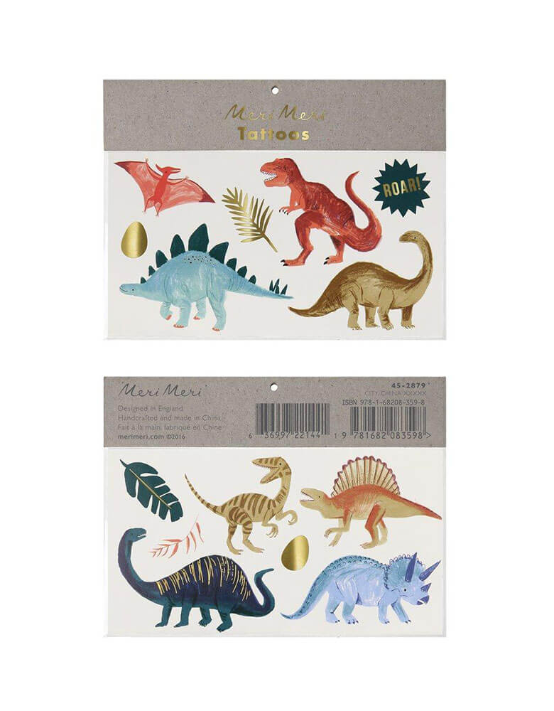 Meri Meri Dinosaur Kingdom Large Temporary Tattoos featuring t-rex, Stegosaurus, Triceratops, Brontosaurus, Spinosaurus, and palm leafs designs, great for kids birthday party goodie bag fillers