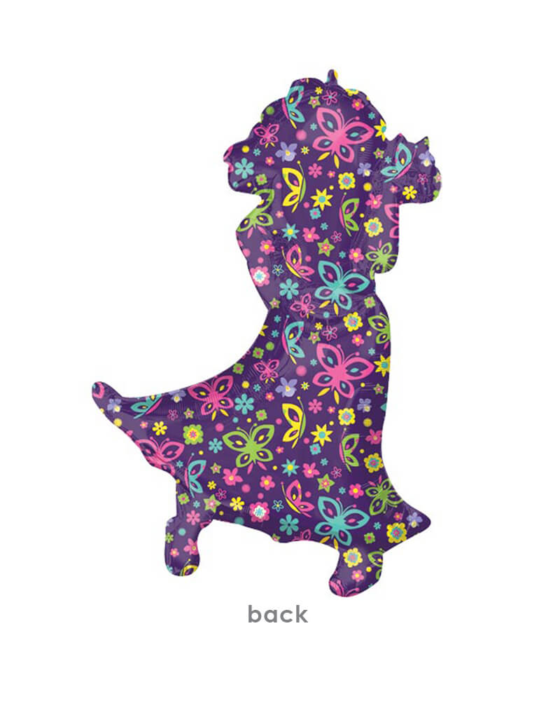 Back look of 36 inches Disney Encanto Mirabel Supershape Foil Mylar Balloon. It features the shape of hero of Encanto Mirabel with a vibrant purple color with flowers and butterflies design.