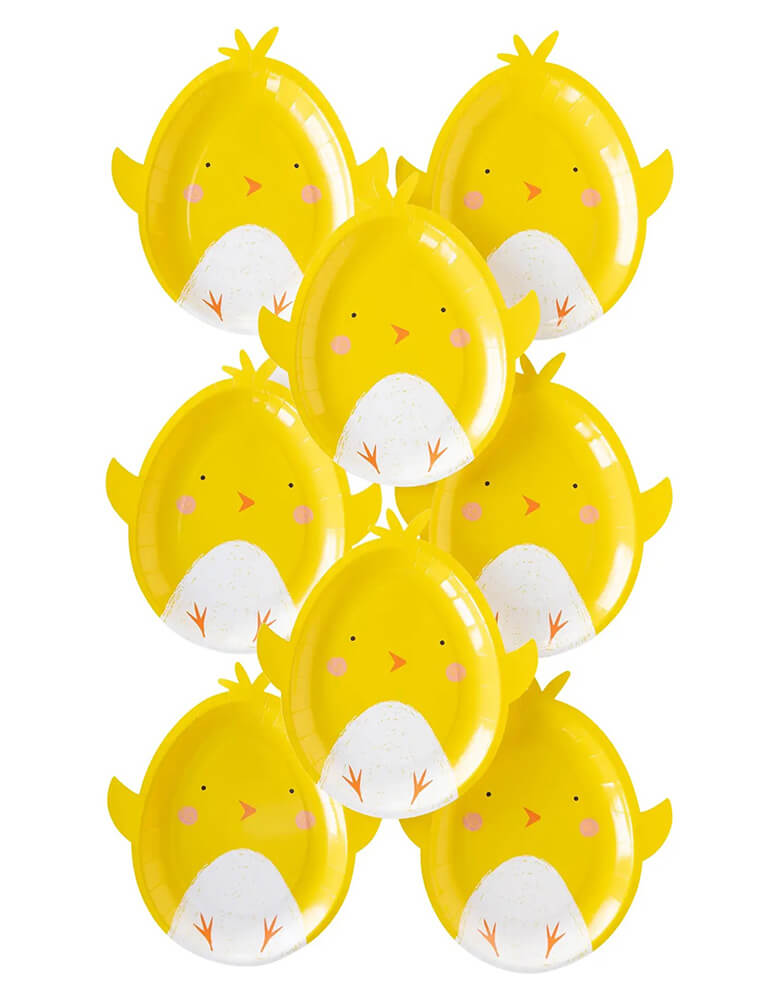 Momo Party's 9"x 10" Easter Chick shaped plates by My Mind's Eye, featuring a diecut chick shaped design in cheerful yellow, these plates are perfect for your Easter celebration party table.