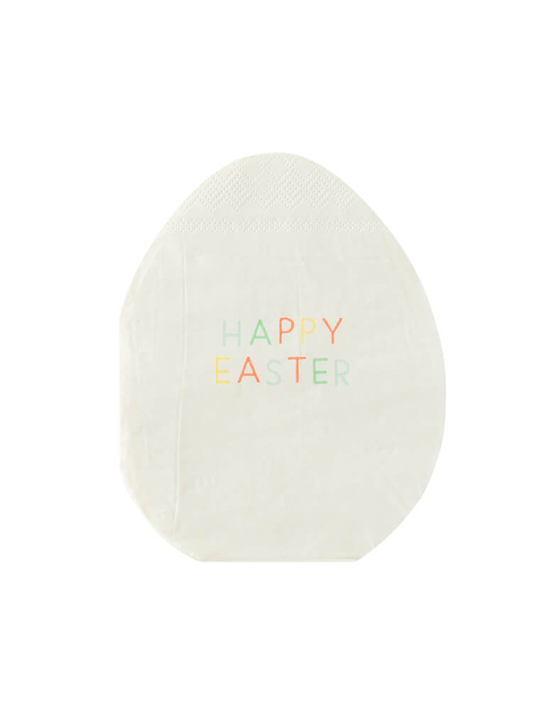 Easter egg-shaped napkins by My Mind's Eye. 24-piece set. Featuring funny egg-shaped napkins with colorful 'Happy Easter' text in the center. Set your table with these fun egg shaped napkins to set an eggcellent scene for your Easter brunch.