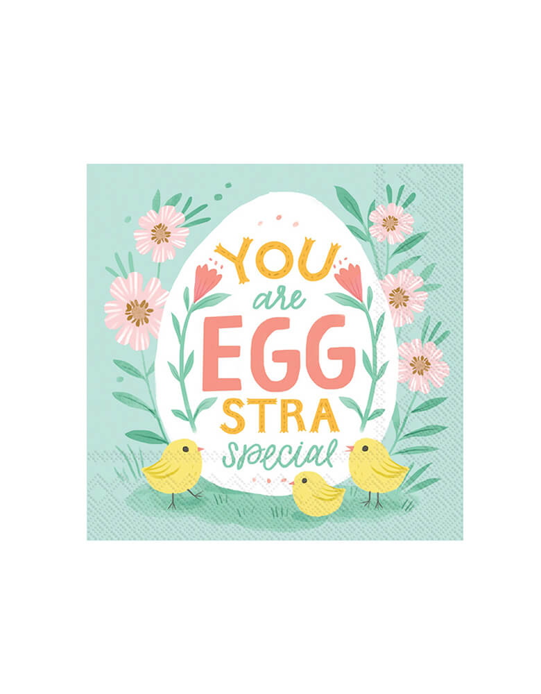 Boston International - Easter Eggstra Large Napkins. Featuring "you are eggstra special" text and flower illustration design inside an egg shape, and 3 little chicks and pink flowers around the egg in a pastel mint napkin design. You're eggstra special! Add these cheerful and fun napkins featuring Easter eggs, chicks and flowers to your Easter table. They will surely delight your guests!