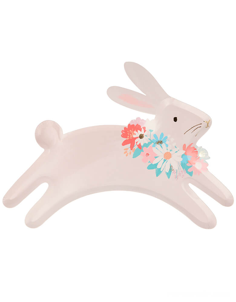 Meri Meri Spring Bunny Plates, pack of 8, Made from eco-friendly paper, they are beautifully crafted and illustrated in soft colors and accentuated with shimmering gold foil detail on the leaping bunny die cut shaped bunny wearing flowers Neck wreath . These adorable leaping bunny plates will look amazing on your Easter or springtime party table.