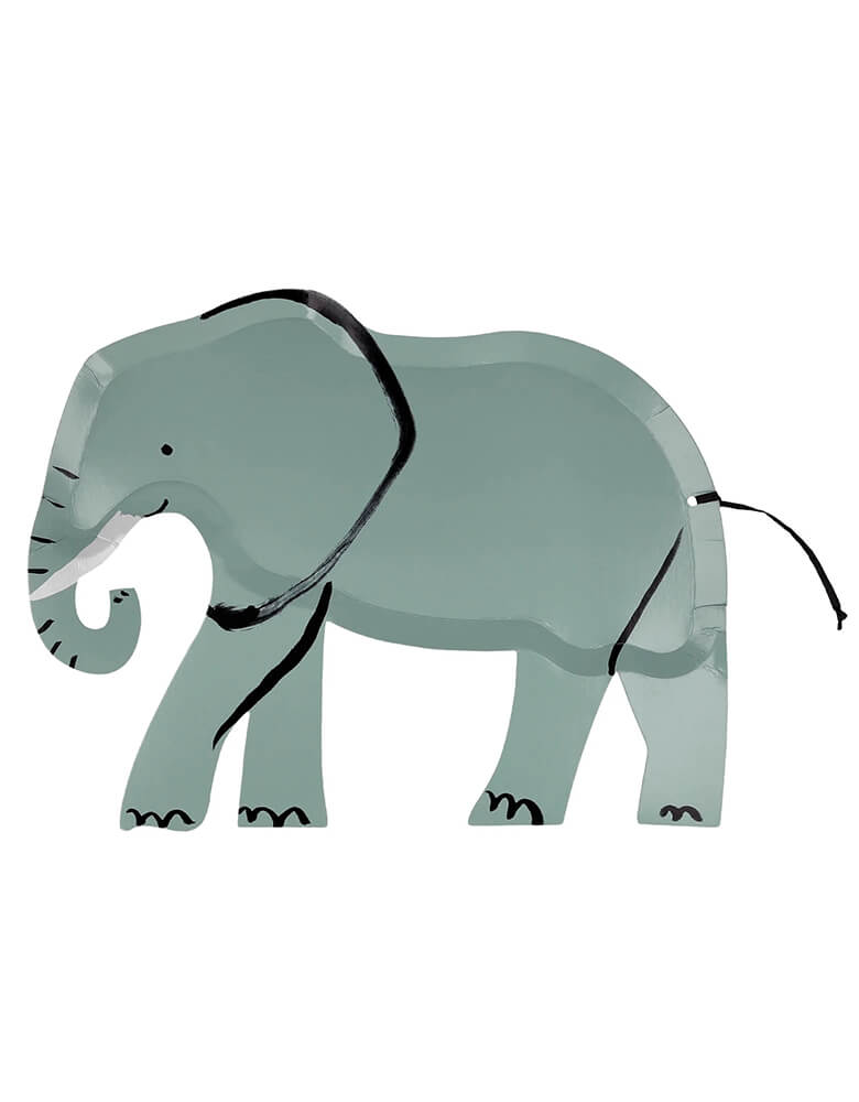 Momo Party's 10.5 x 8.5 elephant shaped plates by Meri Meri, comes in a set of 8 plates, with an adorable illustration, they're perfect for kid's jungle or animal themed birthday party, including a "Wild One" first birthday party or a "Two Wild" second birthday party for a toddler.