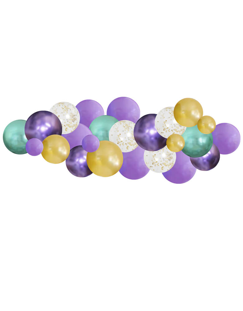 Encanto Themed Balloon Cloud Kit. This 6 inches Encanto Inspired color balloon garland mix with Pearl Mint, chrome purple, gold, purple color latex balloons and gold confetti balloons. This is perfect backdrop and decoration for a Encanto themed birthday party