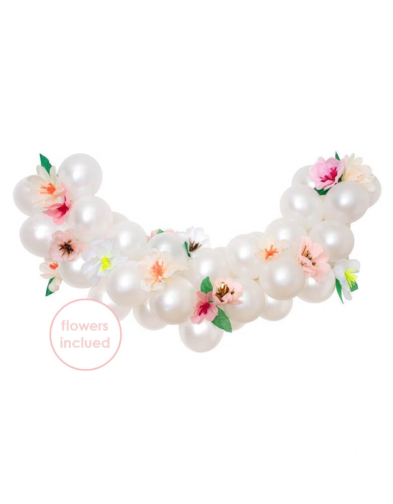 Meri Meri Floral Balloon Garland Kit. The set contains 40 metallic pearl balloons and 16 paper flowers - 8 large and 8 small. The flowers are crafted from pink, peach, yellow and white tissue paper with golden foil centers.