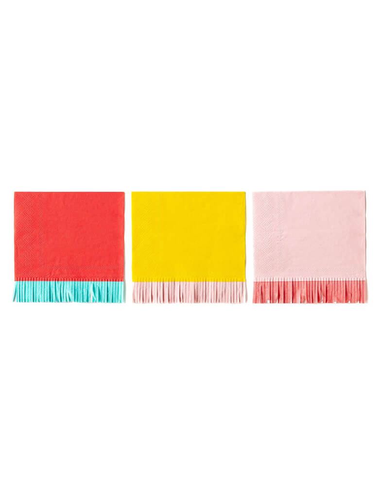 My Mind Eye Hip Hip Hooray Fringe Small Napkins in 3 colors of red, yellow and pink