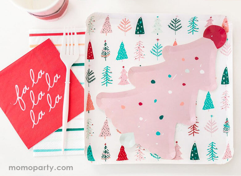 A close up details of My Minds Eye Fa La La Pink Christmas Collection of paper plates and napkins in cheery pastel colors by Oui Party