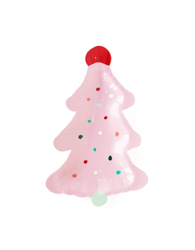 My Minds Eye 9" Fa La La Pink Frosting Christmas Tree Plates by Oui Party, feature a unique Christmas tree die cut shape with pastel pink tree color