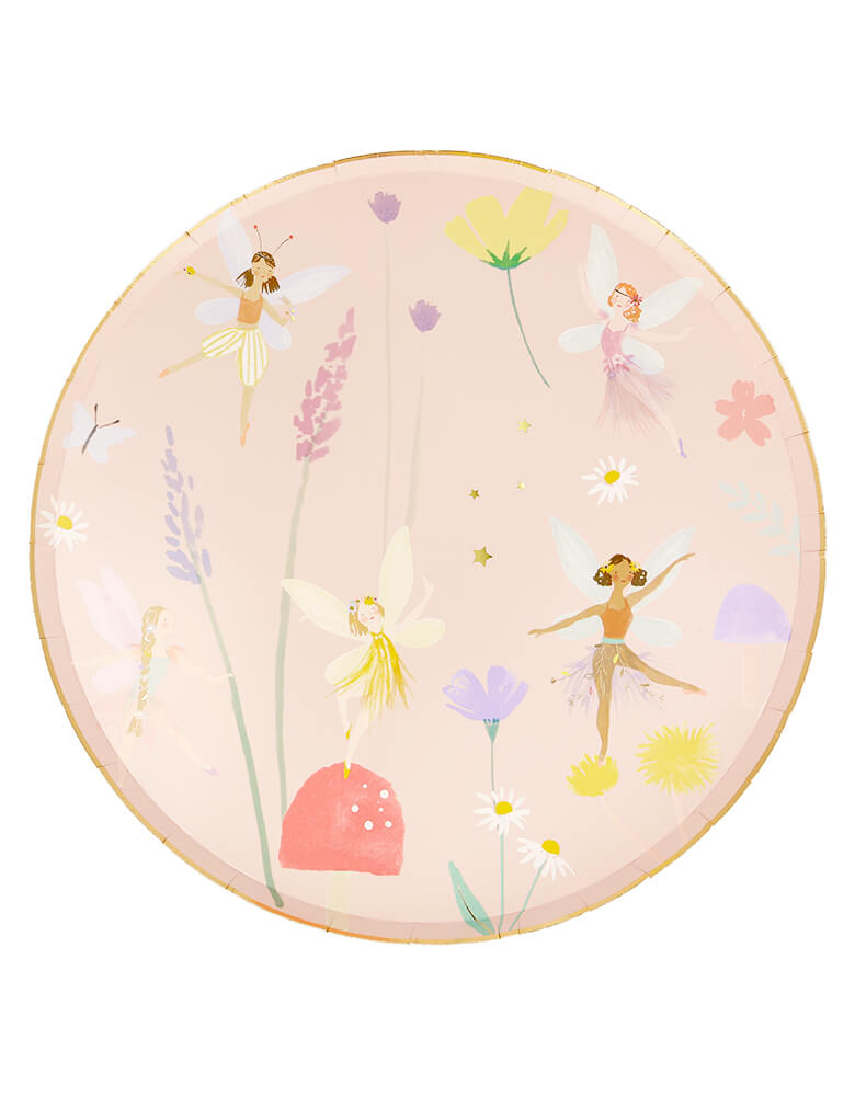 Meri Meri Fairy Dinner Plates. Pack of 8. Made from eco-friendly paper in 10.5 x 10.5 inches. They feature pretty fairies, flowers and mashrooms illustration with foil details. These gorgeous plates are perfect for a fairy party or whenever you want to add a magical touch to any celebration