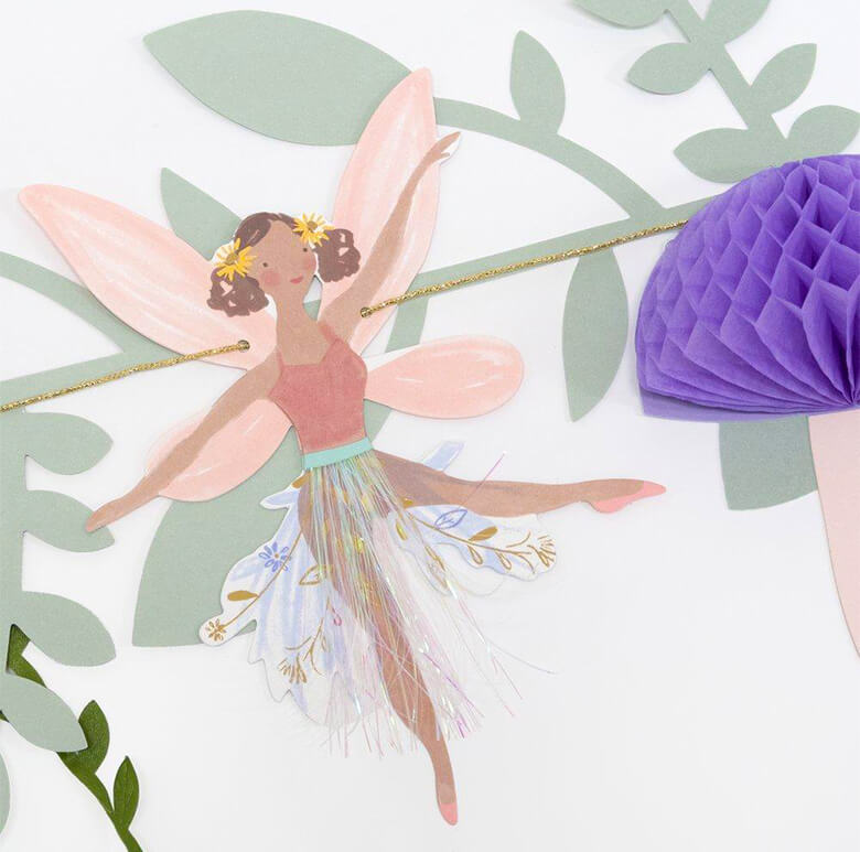 Details of Meri Meri Fairy Garland of A fairy with gorgeous iridescent threads in her skirt , a purple honeycomb mushroom for a 3D effect.