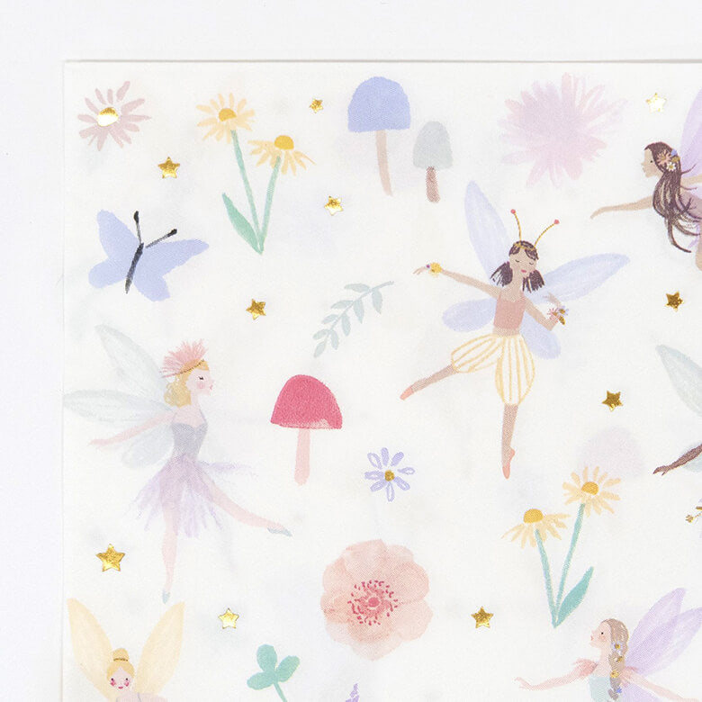 Close up details of Meri Meri Fairy Large Napkin, with dancing fairies, toadstools, flowers and butterflies design, They are perfect for a fairy or princess party. They have a stylish scallop edge and lots of shimmering gold foil detail. They are an ideal way to add a touch of magic to the party table!