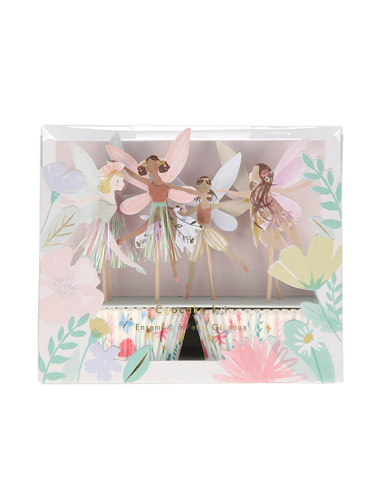 Meri Meri Fairy Cupcake Kit. The toppers and cases are presented in a stunning box, which makes a fabulous gift! Kit includes 24 toppers, in 6 designs with 4 of each. With beautifully illustrated fairy toppers, and lots of gold foil detail, and coordinating cupcake cases, This cupcake kit is simply darling for your little fairy. It's perfect for a spring celebration! Garden themed party, tea party, mother's day