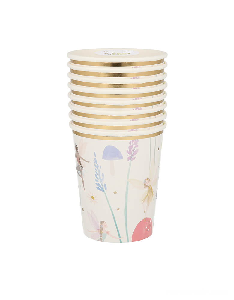 Meri Meri Fairy Cups. Set of 8. They feature beautiful illustrations of fairies and flowers and shimmering golden foil stars. The golden foil border at the top of the cup adds a really delightful touch too.