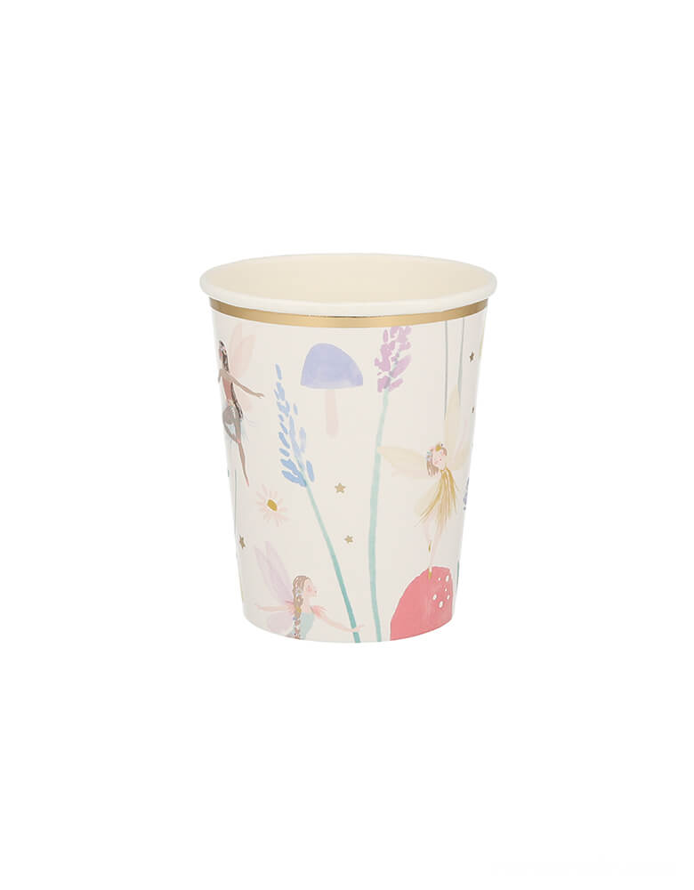 Meri Meri Fairy Cup. featuring beautiful illustrations of fairies and flowers and shimmering golden foil stars. The golden foil border at the top of the cup adds a really delightful touch too.