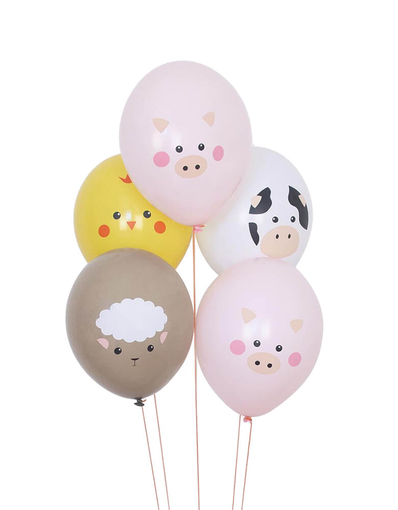 Balloons: 5 forest animal balloons by My Little Day. These Farm Animal Latex Balloon Mix Featuring farm designs of a cow, a pig, a sheep and a check, they're perfect for your little one's farm themed celebration!