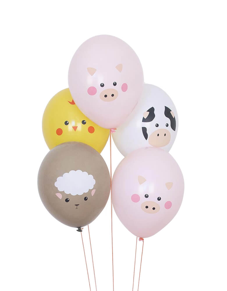Balloons: 5 forest animal balloons by My Little Day. These Farm Animal Latex Balloon Mix Featuring farm designs of a cow, a pig, a sheep and a check, they're perfect for your little one's farm themed celebration! 