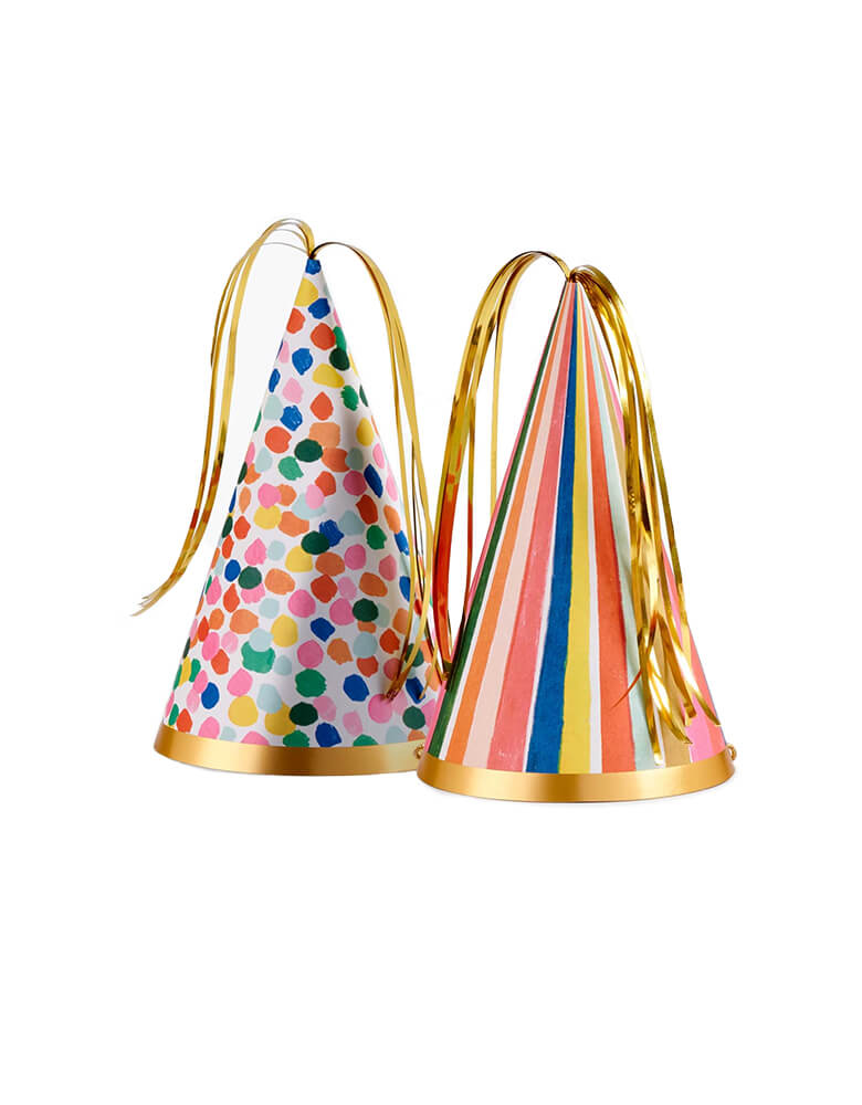 Rifle Paper Co - Feliz Party Hats. Feliz Party Hats. Cheerful stripes, festive confetti, and a gold pom pom make these paper hats a party essential for your next birthday bash.