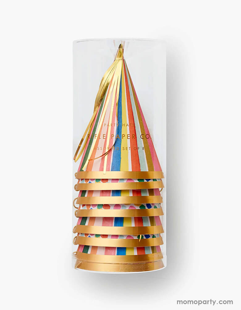 Rifle Paper Co - Feliz Party Hats in a clear package. Feliz Party Hats. Cheerful stripes, festive confetti, and a gold pom pom make these paper hats a party essential for your next birthday bash.