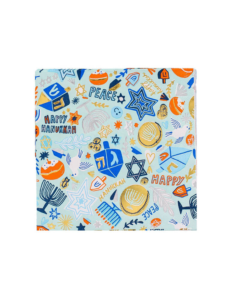 Momo Party's 6.5" Festival of Lights Large Napkins, set of 16 by Daydream Society featuring Hanukkah themed symbol including dreidels, star of David, nine-branched candelabra, Menorah candles and Sufganiyah in blue colors with gold and silver foil detail