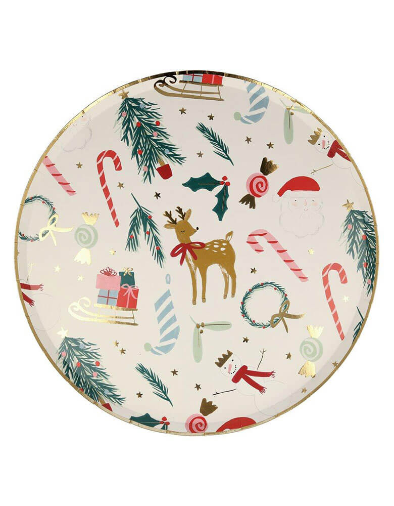 Meri Meri 10.25 inches Festive Motif Dinner Plates with Iconic Christmas elements including candy cane, Santa, wreath, snowman, Christmas tree, holly, and stockings