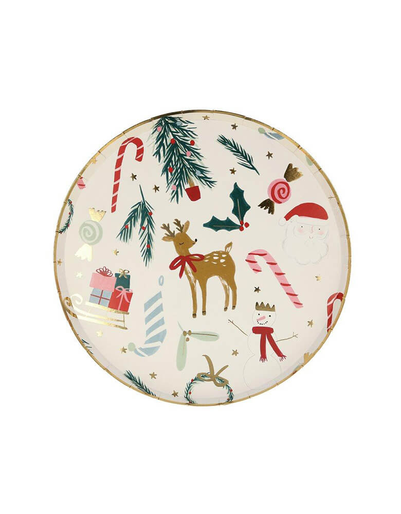 Meri Meri 8.5 inches Festive Motif Side Plates featuring Christmas elements including candy cane, gifts, wreath, stocking, snowman, holly
