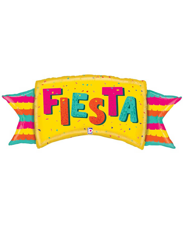 Betallic Balloons - Fiesta Banner Foil Mylar Balloon. Featuring Fiesta Banner shaped balloon with bold color and Fiesta text on it, and lot of confetti details. Accent your fiesta, Cinco De Mayo themed party or Mexican themed party with this 39" jumbo fiesta banner foil mylar balloon.