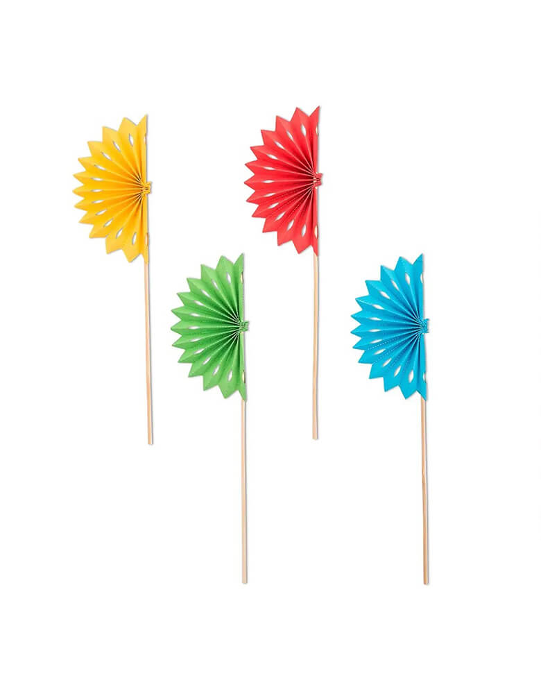 Momo Party's 8x2" fiesta party paper fan stirrers by Weddingstar Inc., come in a set of 8,  these colorful stir sticks are a disposable, bio degradable drink decoration that’ll bring a bit of fiesta to your drinks. The eight stirs come in pairs of red, yellow, green, and blue, the different color options letting you use the fancy swizzle sticks as a festive drink marker too! Intended for fiesta themed parties they can be the wood and paper exclamation point to complete the look of your party drinks.