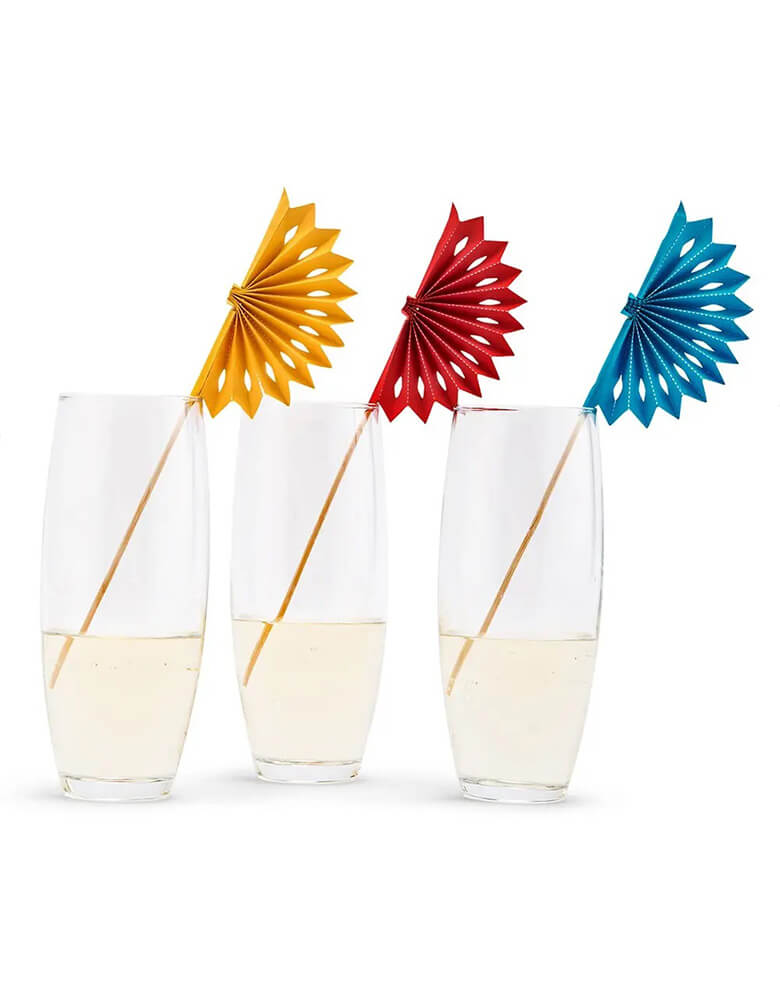 Momo Party's 8x2" fiesta party paper fan stirrers by Weddingstar Inc., come in a set of 8, these colorful stir sticks are a disposable, bio degradable drink decoration that’ll bring a bit of fiesta to your drinks. The eight stirs come in pairs of red, yellow, green, and blue, the different color options letting you use the fancy swizzle sticks as a festive drink marker too! Intended for fiesta themed parties they can be the wood and paper exclamation point to complete the look of your party drinks.