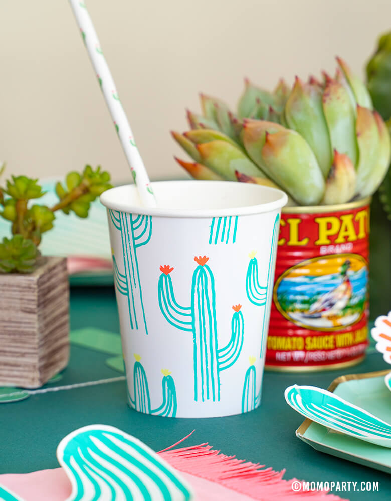 Cactus theme party table set up with Meri Meri Cactus printed paper Cup with cactus paper straw with succulent plants