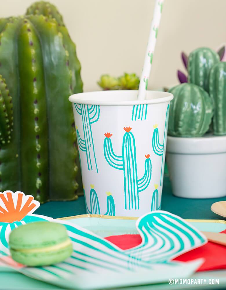 Cactus theme party table set up with Meri Meri Cactus printed paper Cup with cactus paper straw with succulent plants