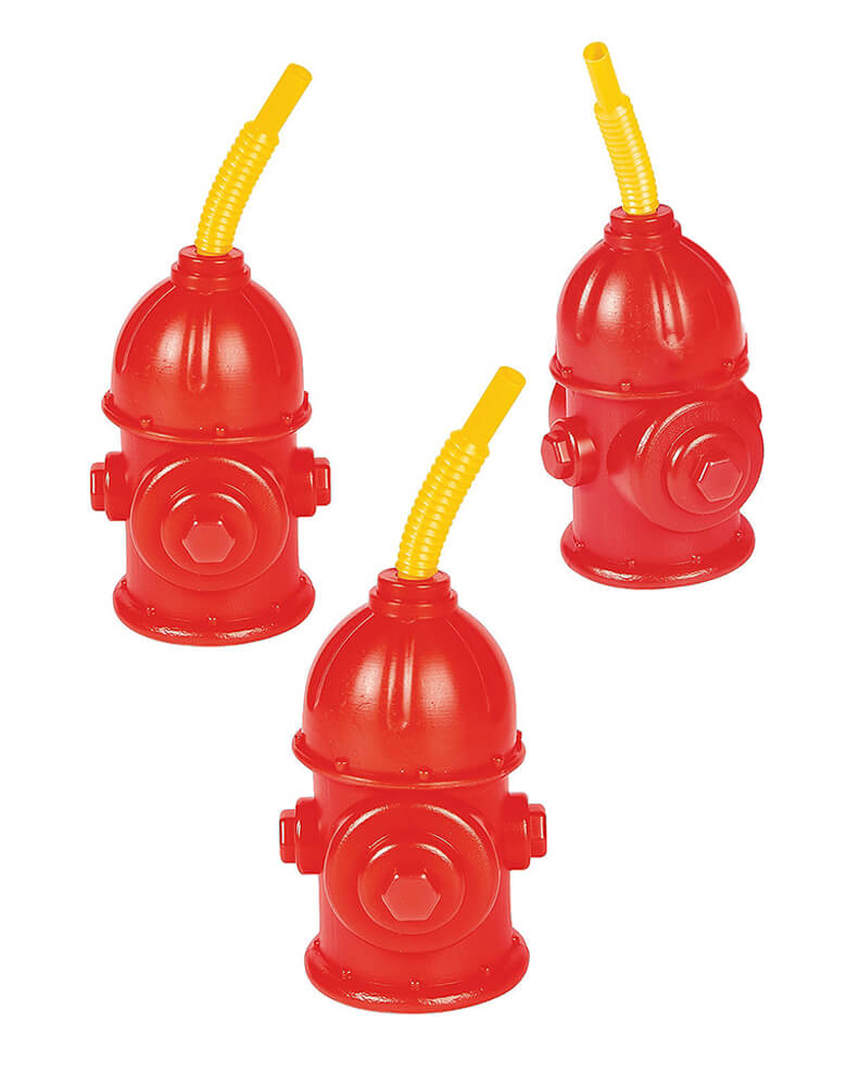 Fire Hydrant Cup with straw by Fun express. Enjoy some 4-alarm fun thanks to these cute fire hydrant cup! This sipper cup is the perfect addition to your little one's firefighter birthday party and make great take-home party favors.