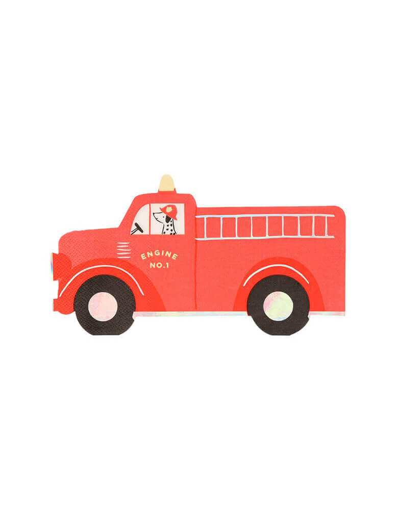 Meri Meri's fire truck shaped napkins in classic red and cute illustration of a dalmatian puppy as the driver on a truck with "Engine No. 1" on the side, these napkins are crated with 3-ply paper with beautiful silver holographic foil details, they're as stylish yet practical , perfect for little boys's fire fighter or fire truck themed birthday celebrations